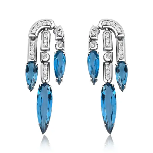 Brinco Colosseo Cascata em ouro branco 18k módulos com Diamantes e gota de Topázio London