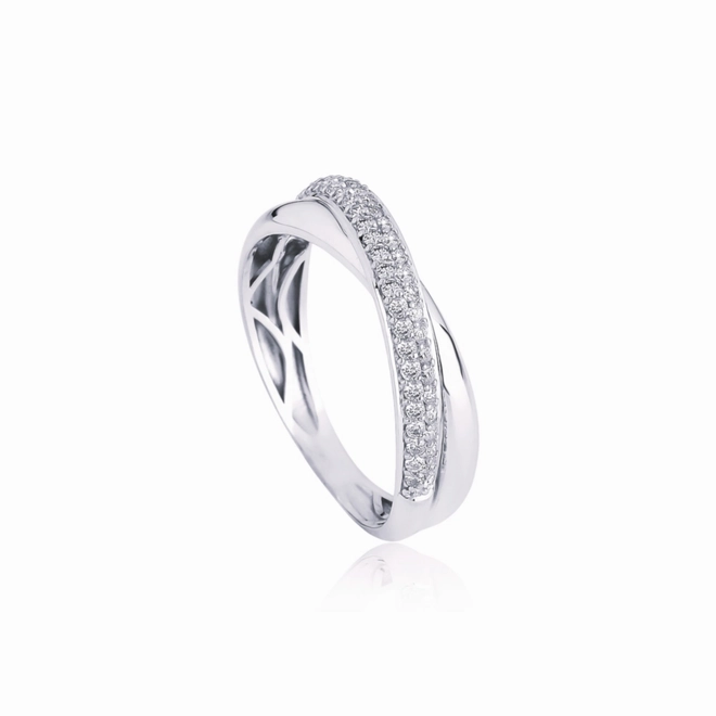 Anel Marée ondas ouro branco 18k aros cruzados pavê 26pts de Diamantes 1