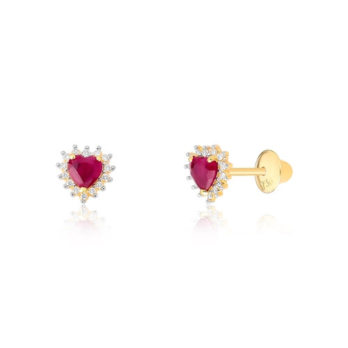 Brinco Liz Amour coração de Rubi ouro 18k contorno de Diamantes