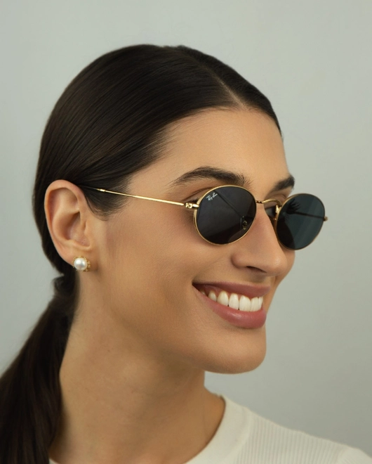 Óculos de Sol Ray-Ban Oval 0RB3547N 001/R551 Metal Dourado com lentes na cor Azul 4