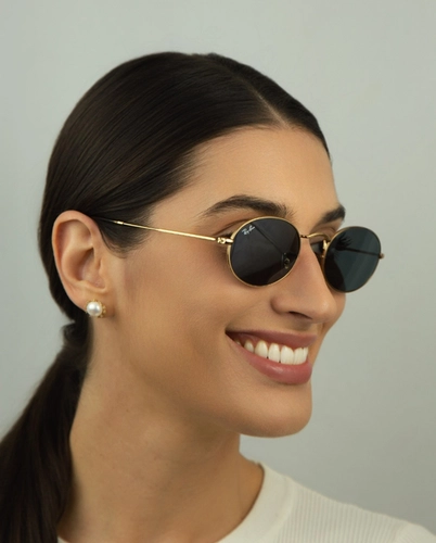Óculos de Sol Ray-Ban Oval 0RB3547N 001/R551 Metal Dourado com lentes na cor Azul