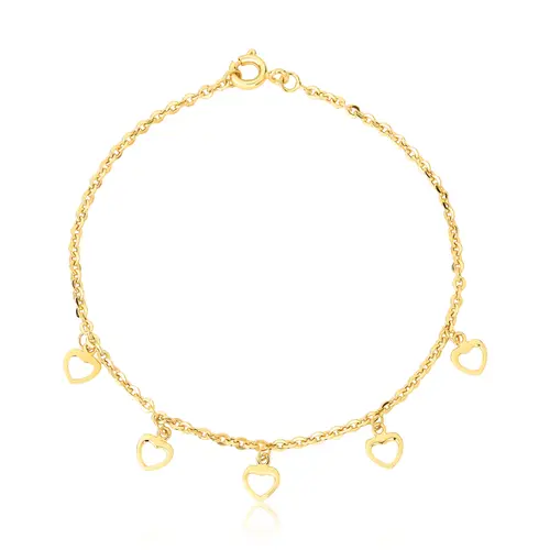 Pulseira de elos ouro 18k com 5 pingentes de corações vazados