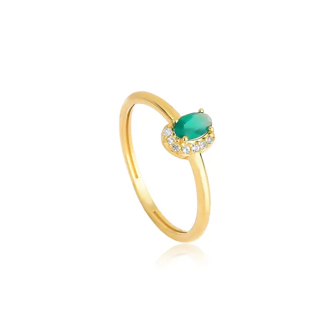 Anel gema oval de Crisoprásio ouro 18k com Safiras brancas Coleção Luxis 1