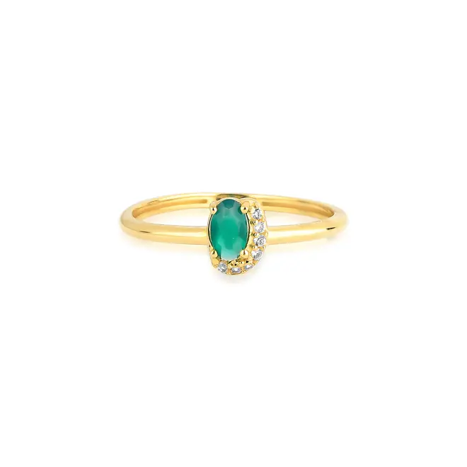 Anel gema oval de Crisoprásio ouro 18k com Safiras brancas Coleção Luxis 3