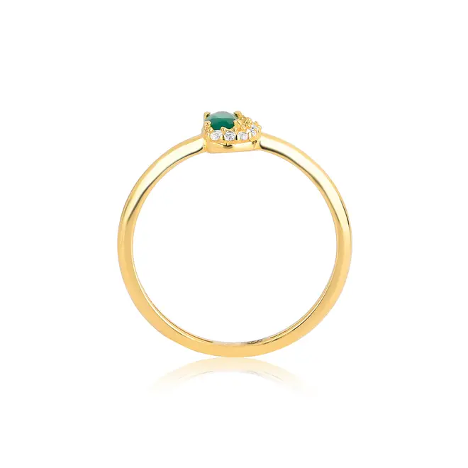 Anel gema oval de Crisoprásio ouro 18k com Safiras brancas Coleção Luxis 2