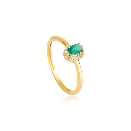 Anel gema oval de Crisoprásio ouro 18k com Safiras brancas Coleção Luxis
