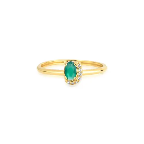 Anel gema oval de Crisoprásio ouro 18k com Safiras brancas Coleção Luxis