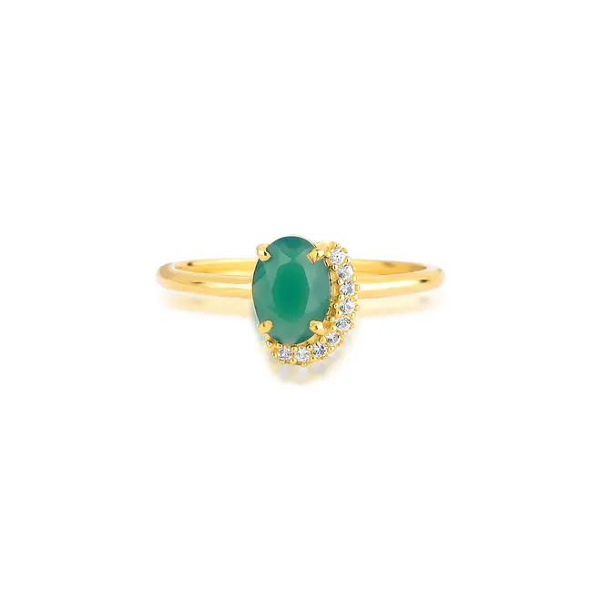 Anel gema oval de Crisoprásio ouro 18k contorno de Safiras brancas Coleção Luxis 3