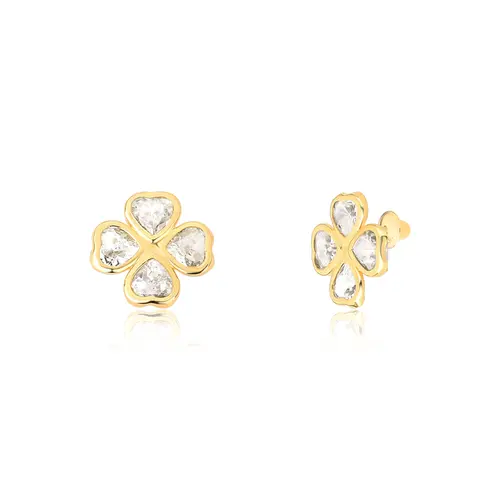 Brinco stud trevo ouro 18k corações de Zircônias brancas