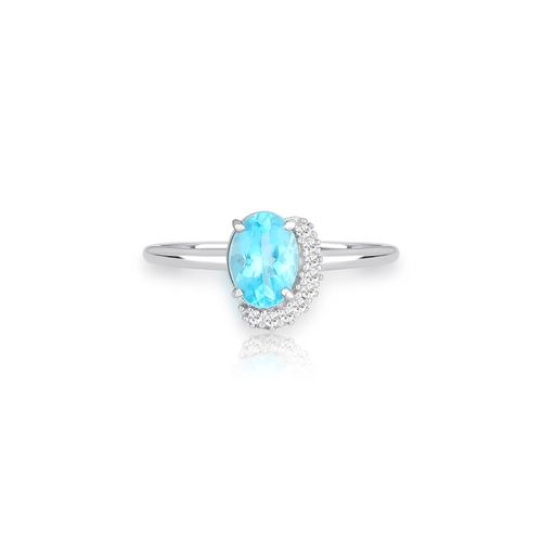Anel gema oval de Apatita ouro branco 18k com Safiras brancas Coleção Luxis