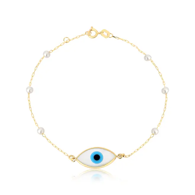 Pulseira olho grego Madrepérola de elos ouro 18k com Pérolas 17/18CM 1