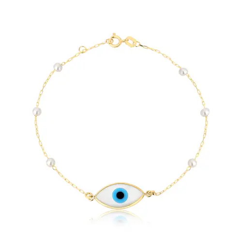 Pulseira olho grego Madrepérola de elos ouro 18k com Pérolas 17/18CM