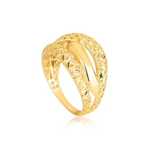 Anel filigrana ouro 18k três aros interligados fios lisos e Diamantados