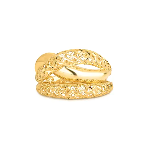 Anel filigrana ouro 18k três aros interligados fios lisos e Diamantados