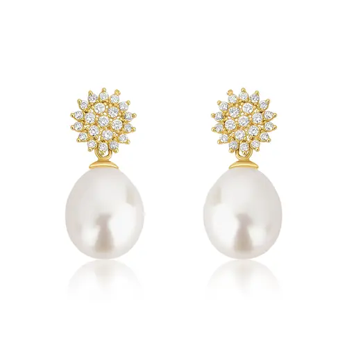 Brinco Soleil ouro 18k sol de Diamantes gotas de Pérolas Biwa