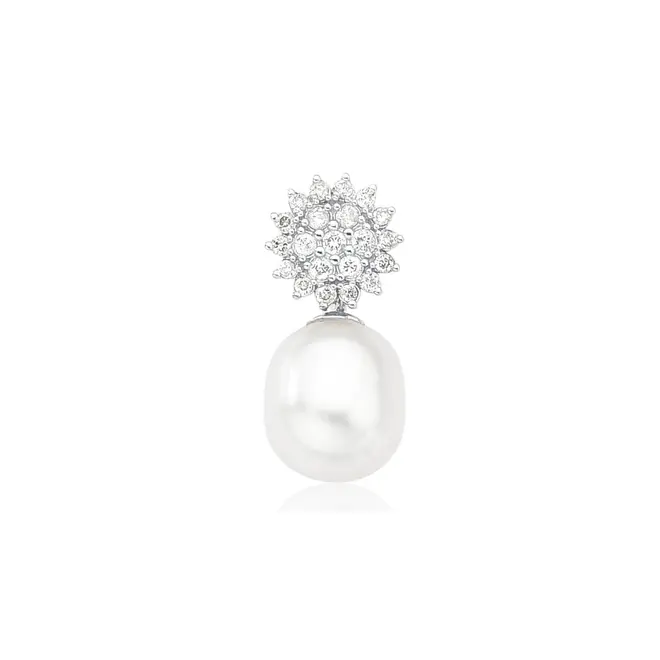 Pingente Soleil ouro branco 18k sol de Diamantes gota de Pérola de Arroz 1