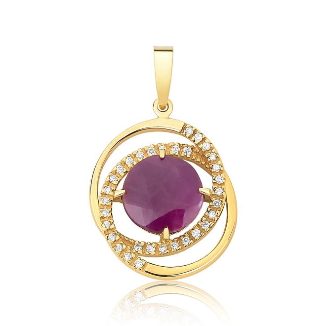 Pingente geométrico ouro 18k com gema de Rubi Indiano e Diamantes 1