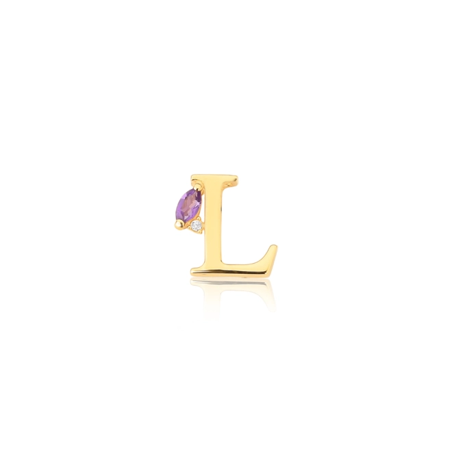 Pingente Roman ouro 18k letra "L" com navete de Ametista e Diamante 1