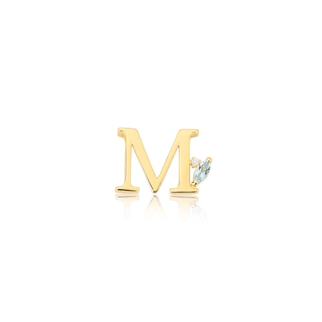 Pingente Roman ouro 18k letra "M" com navete de Topázio Sky e Diamante 1