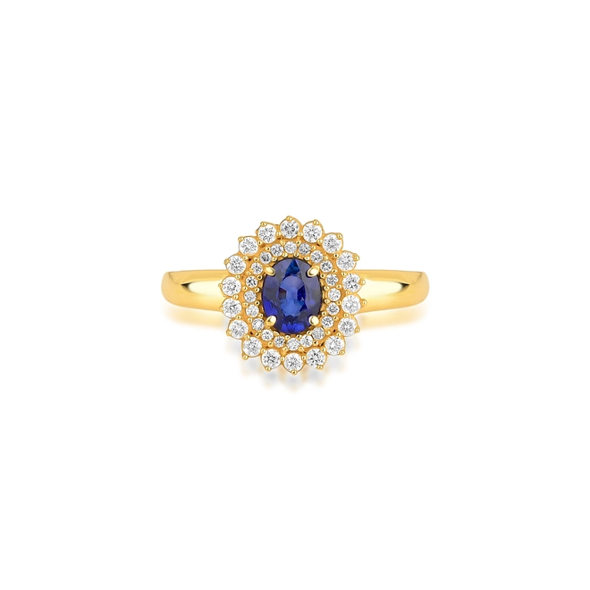 Anel Laurel oval de Safira azul ouro 18k contorno duplo com 24pts de Diamantes 3