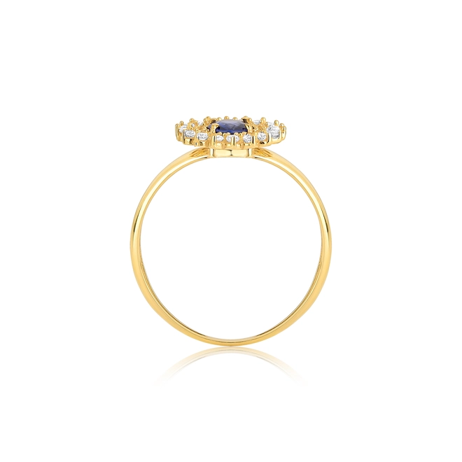 Anel Laurel oval de Safira azul ouro 18k contorno duplo com 24pts de Diamantes 2