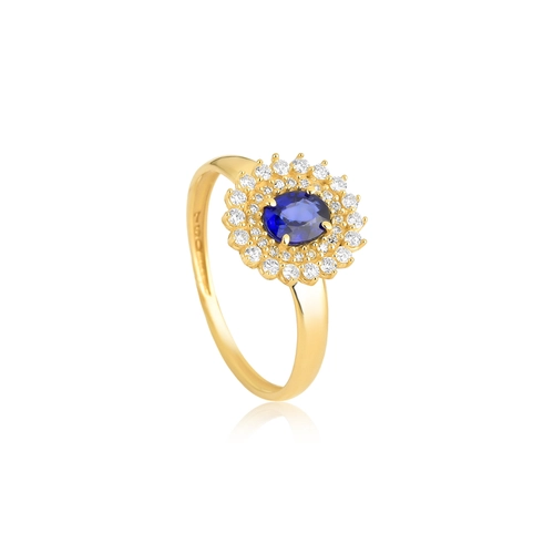 Anel Laurel oval de Safira azul ouro 18k contorno duplo com 24pts de Diamantes