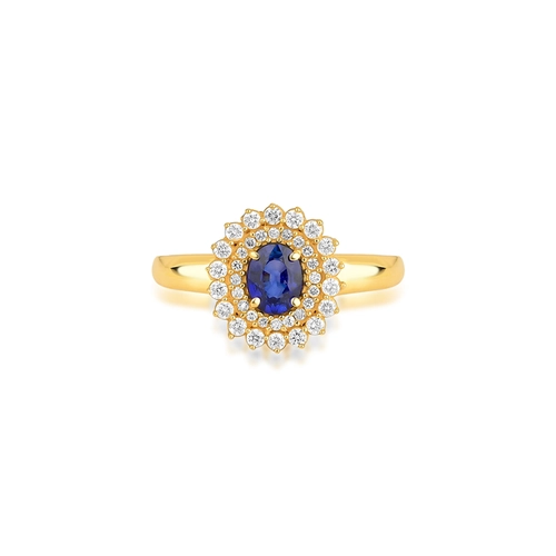 Anel Laurel oval de Safira azul ouro 18k contorno duplo com 24pts de Diamantes