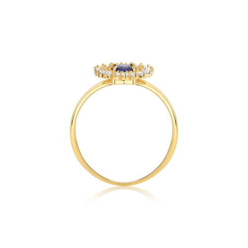 Anel Laurel oval de Safira azul ouro 18k contorno duplo com 24pts de Diamantes