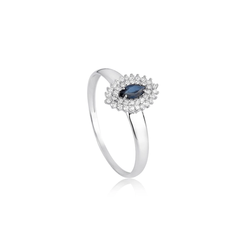 Anel Laurel de Safira azul ouro branco 18k contorno com 11,4pts de Diamantes