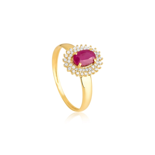 Anel Laurel de Rubi oval ouro 18k contorno duplo com 13,8pts de Diamantes