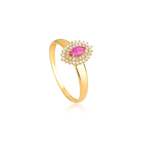Anel Laurel de Rubi ouro 18k contorno duplo de Diamantes