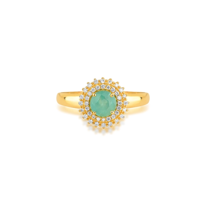 Anel Laurel gema redonda de Esmeralda ouro 18k contorno com 12pts de Diamantes 3