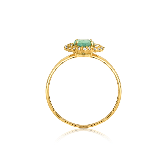 Anel Laurel gema redonda de Esmeralda ouro 18k contorno com 12pts de Diamantes 2