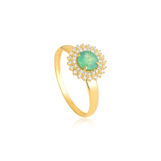 Anel Laurel gema redonda de Esmeralda ouro 18k contorno com 12pts de Diamantes 1