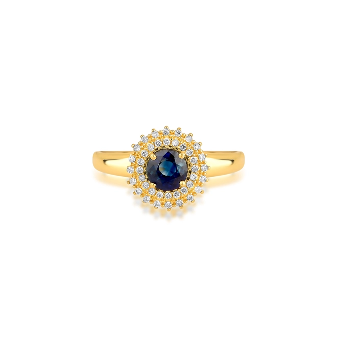 Anel Laurel redondo de Safira azul ouro 18k contorno duplo de 12pts de Diamantes 3