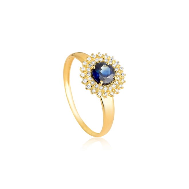 Anel Laurel redondo de Safira azul ouro 18k contorno duplo de 12pts de Diamantes 1