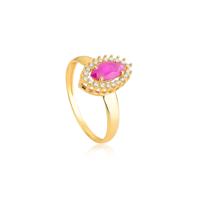 Anel Laurel navete de Rubi ouro 18k contorno de 10pts de Diamantes 1