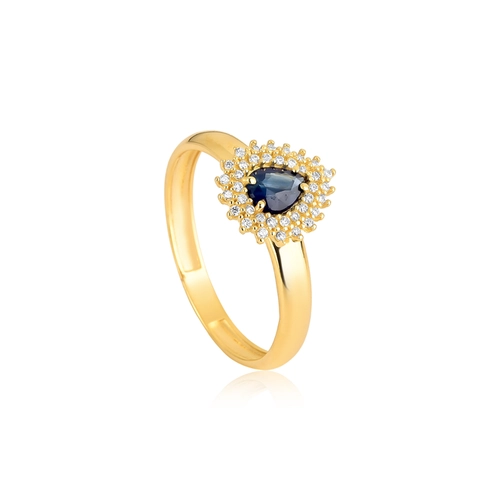 Anel Laurel gota Safira Azul ouro 18k contorno de 11,1pts de Diamantes
