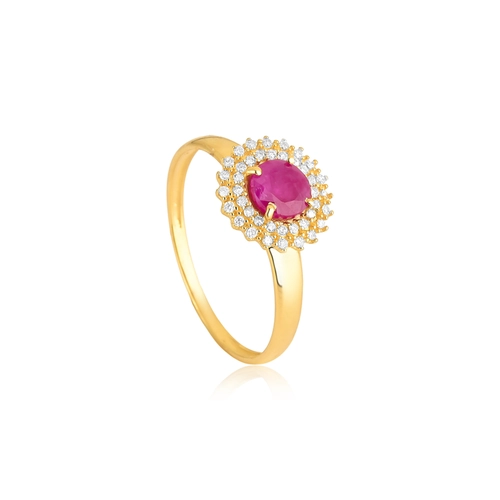 Anel Laurel de Rubi ouro 18k contorno duplo com 12pts de Diamantes