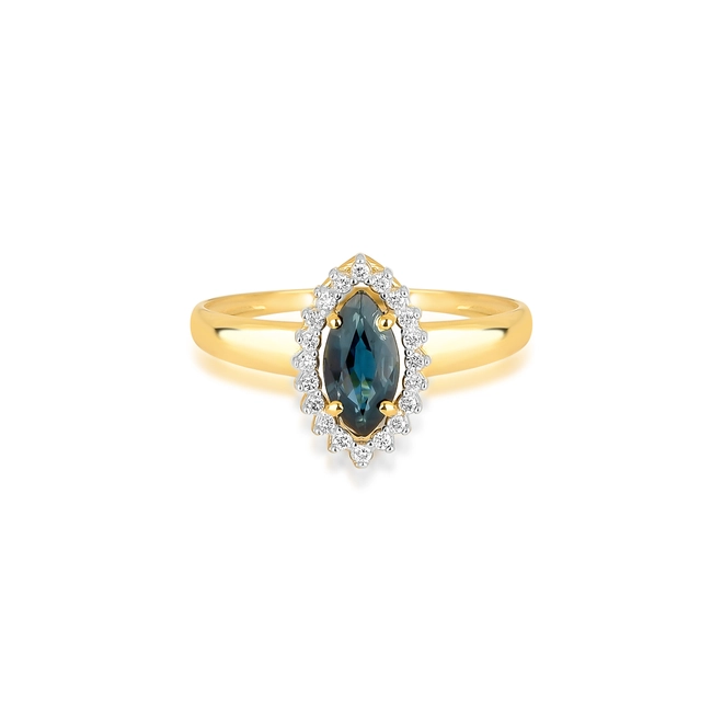 Anel Laurel navete de Safira Azul ouro 18k contorno de 10pts de Diamantes rodinados 3
