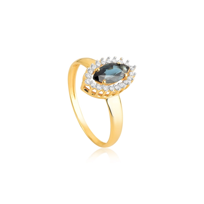 Anel Laurel navete de Safira Azul ouro 18k contorno de 10pts de Diamantes rodinados 1