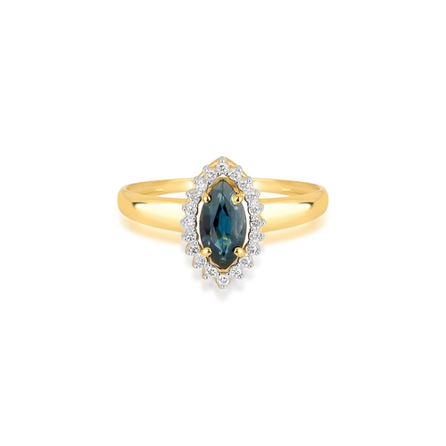 Anel Laurel navete de Safira Azul ouro 18k contorno de 10pts de Diamantes rodinados