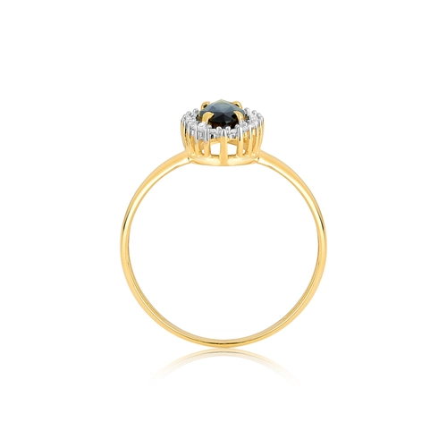 Anel Laurel navete de Safira Azul ouro 18k contorno de 10pts de Diamantes rodinados