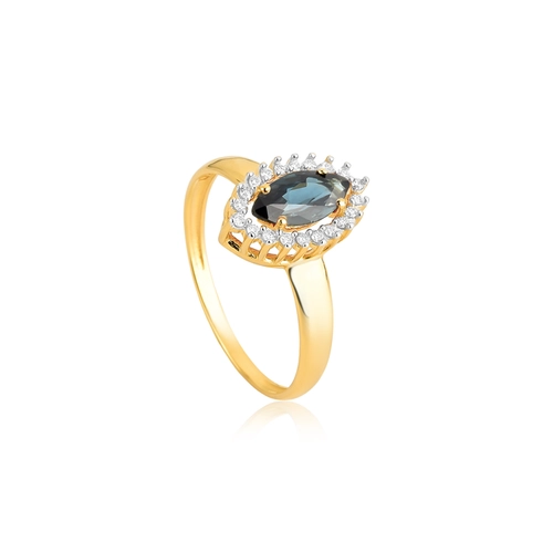Anel Laurel navete de Safira Azul ouro 18k contorno de 10pts de Diamantes rodinados