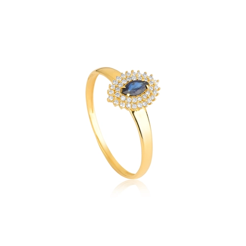 Anel Laurel navete de Safira azul ouro 18k com 11,4pts de Diamantes