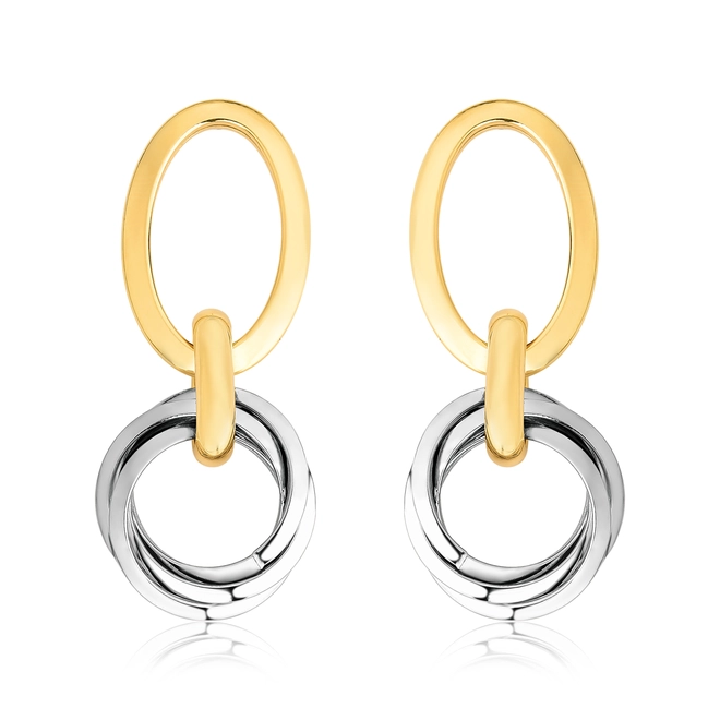 Brinco pingente ouro branco e amarelo 18k elos ovais e redondos 1