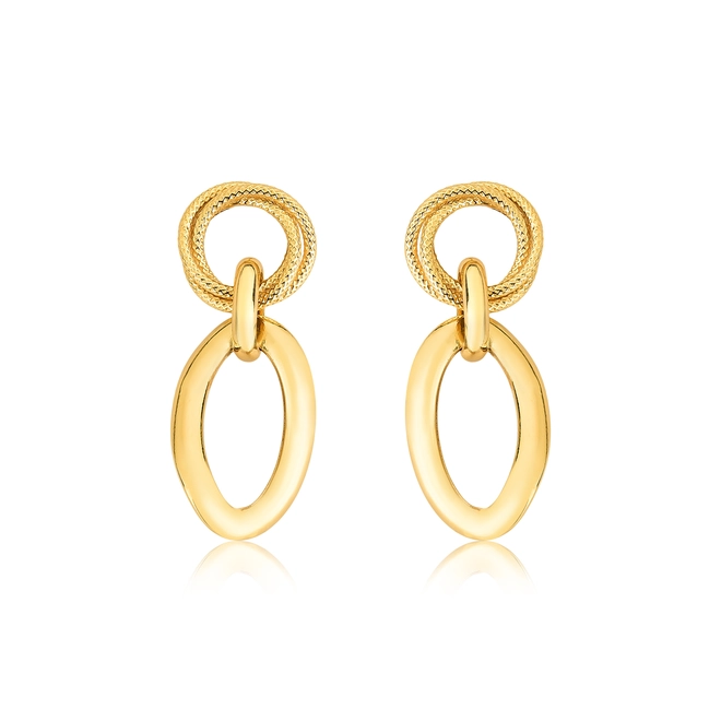Brinco pingente elos ouro 18k redondos rendados e oval polido 1