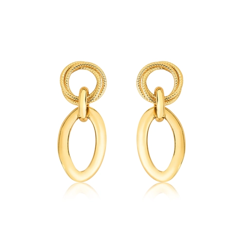 Brinco pingente elos ouro 18k redondos rendados e oval polido