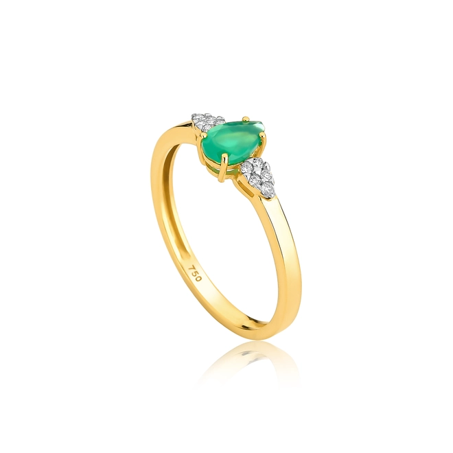 Anel solitário gota de Ágata verde ouro 18k com 6,4pts de Diamantes 1