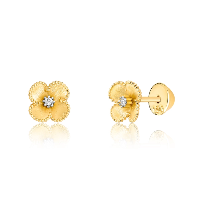 Brinco Stud ouro 18k flor com Diamante 1
